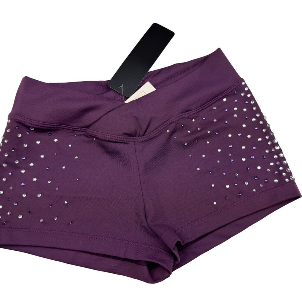 High-Rise Purple Athletic Shorts with Rhinestone Detail